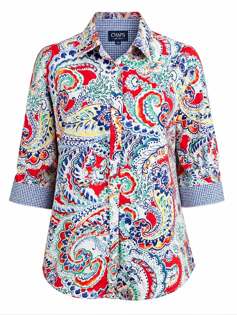 CHAPS | No Iron Paisley Gingham Button Down Cotton Shirt Plus Travel Office | 2X
